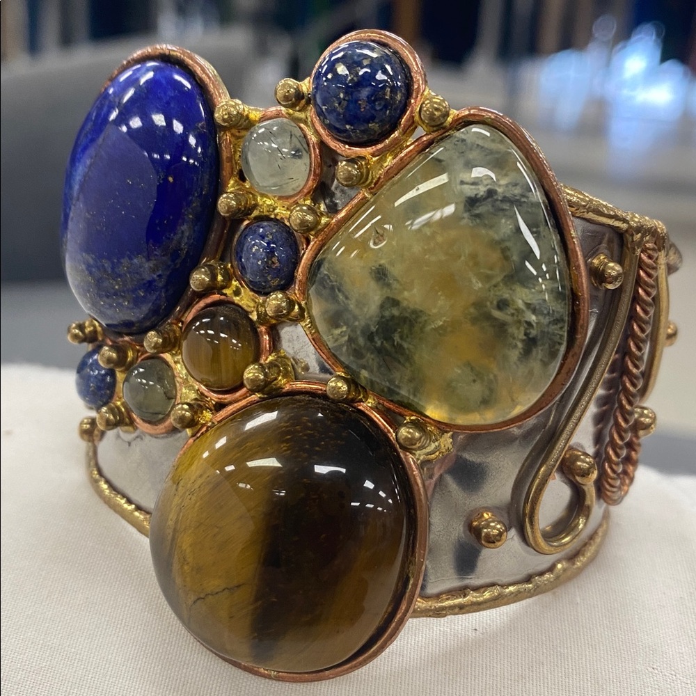 Handcrafted Multistone Cuff Bracelet - (natural gemsBlue Lapis & Brown Tiger Eye